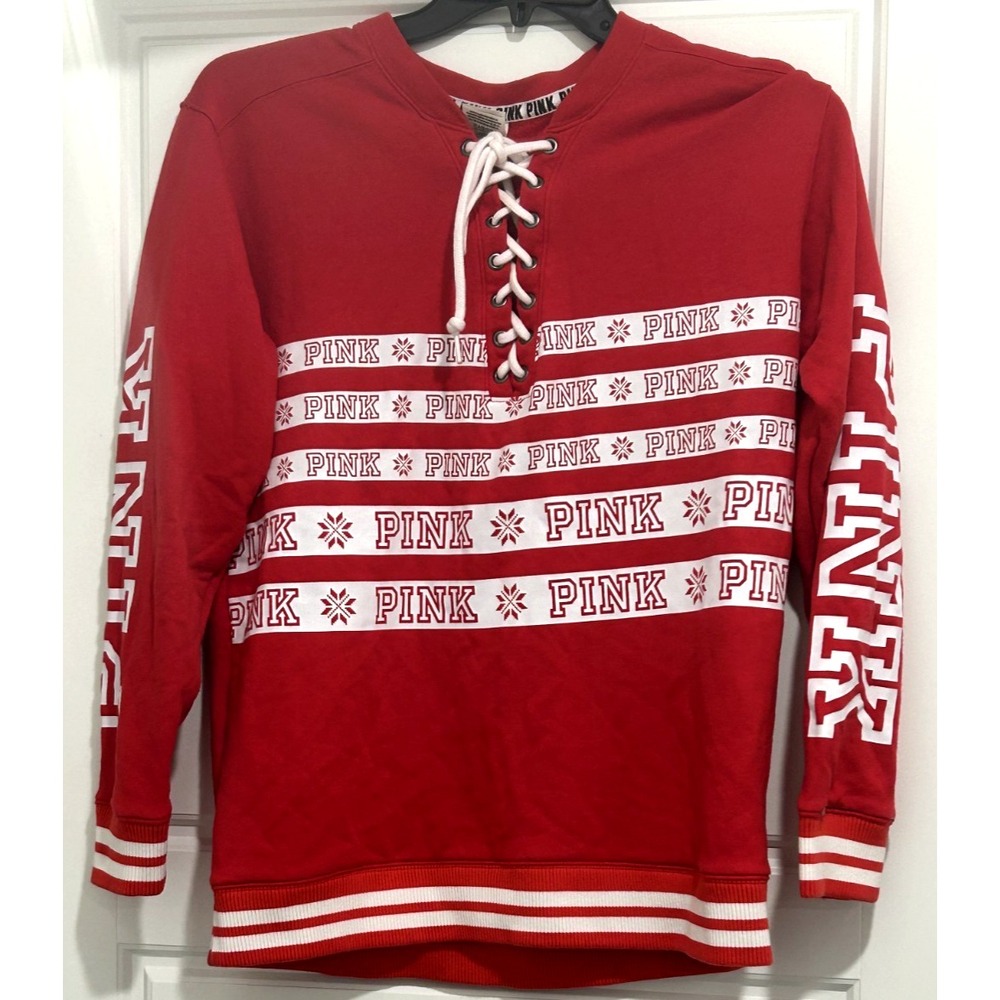 Victoria's Secret Pink Campus Lace-up Pullover Holiday Red Pepper Logo SMALL - Picture 3 of 9